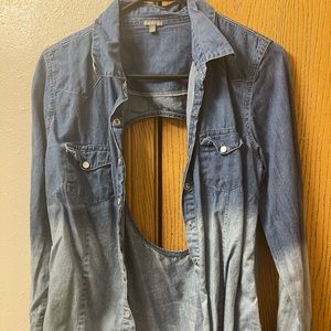Charlotte Russe size small long sleeve jean shirt with open back. Lightly worn.